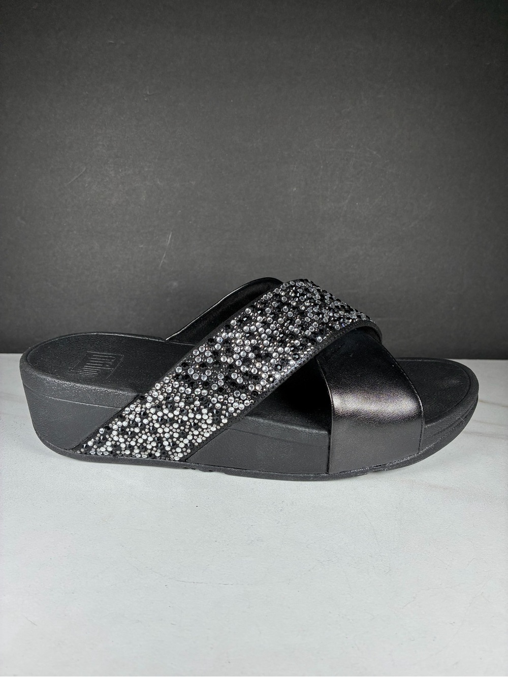 FitFlop Lulu Glitterball Crystal Mix Metallic Black Cross Slide Sandal